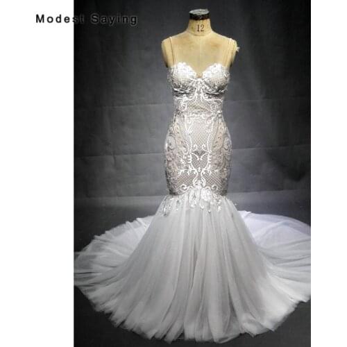 Sexy Backless Ivory Mermaid Embroidery Lace Wedding Dresses 2018 with Straps Sweetheart Bridal Gowns with Nude Lining in Summer