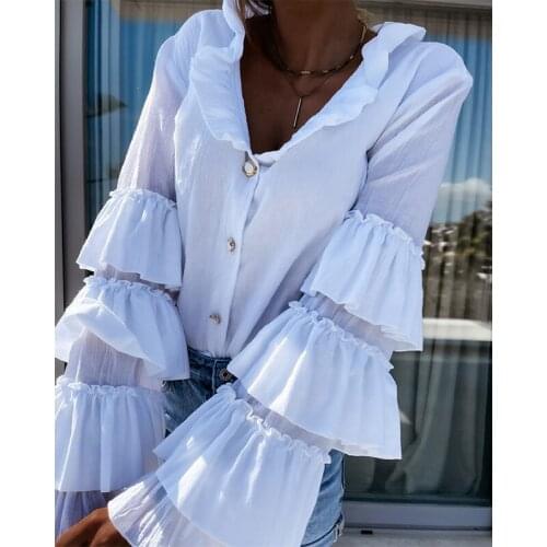 Women Tops Chiffon V-neck Solid Color Lotus Leaf Sleeves Single-Breasted Sleeve Frill Hem Slim Fashion Top Summer
