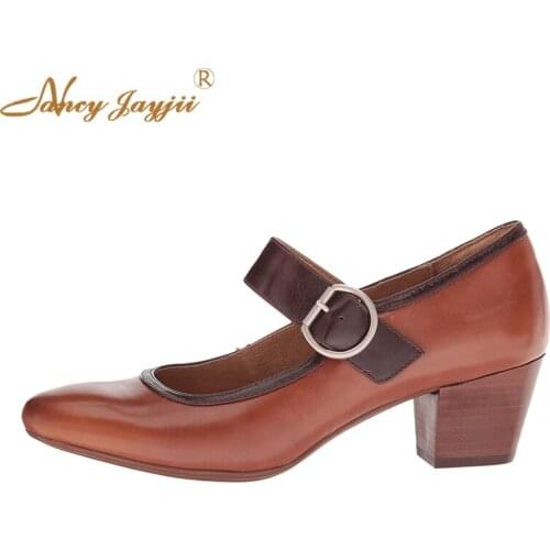 Maroon Wide Heeled Sheos Chocolate Leather Mary Janes Pumps Chunky Heels Buckle Strap Vintage Retro Women Shoes NANCYJAYJII