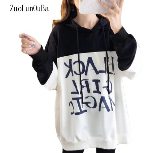 Zuolunouba 2020 Autumn New Cotton Women Hoodie Loose Large Size Letter Printing Color Matching Mid-length Casual Ladies Pullover