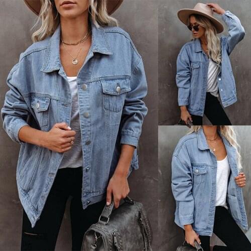 Womens Loose Denim Jacket, Classic Long Sleeve Button Down Boyfriend Jean Trucker Jacket