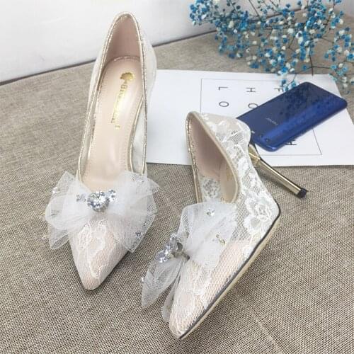 Womens Lace Bowknot Pointed Toe Rhinestones Cystal Stilettos High Heel Pumps Low Top Sexy Shoes Sweet Wedding 6Colors B140