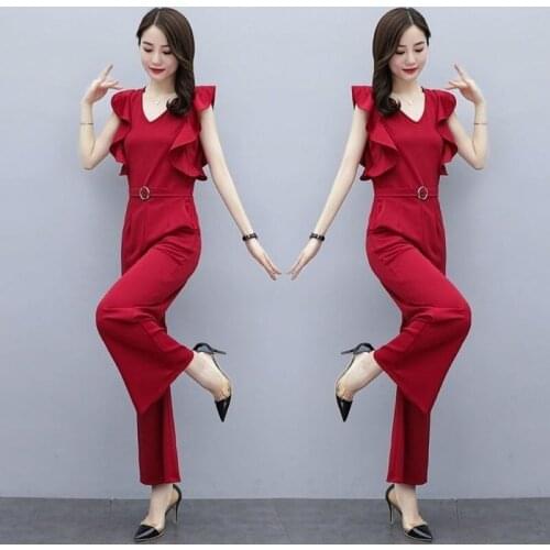 2021 Summer Red Elegant Office Lady Solid Ruffle V-neck Sleeveless Jumpsuits High Waist Workwear Wide Leg Rompers Women Y643