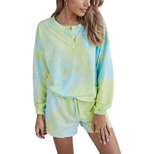 Women Loungewear Pajamas Sets Chest button Elastic Cuff Design Casual Tie-Dye Long Sleeves Top Jogger Set Outfits Tracksuits