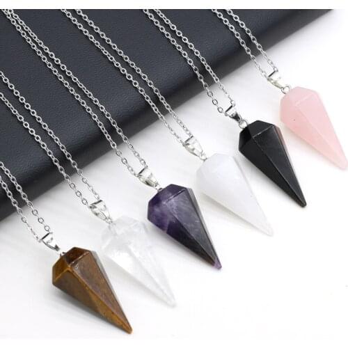 Trendy Natural Stone Hexagonal Cone Pendant Necklace Amethysts Crystal Pendulum Necklace Jewelry for Women Reiki Heal Gifts
