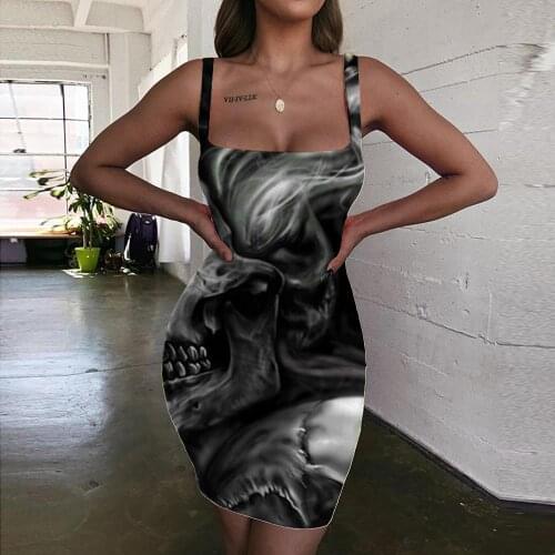 Giyu Brand Skull Dresses Women Smoke Cloud Ladies Dresses Hip Hop Halter Sleeveless Rock 3d Print Punk Vestido Sexy