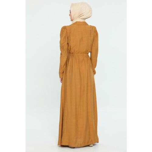 Camel-Length Buttoned Waist Pleated Womens Dress Fashion Trend Muslim muslim dress women abaya kaftan modest dress abayas for w