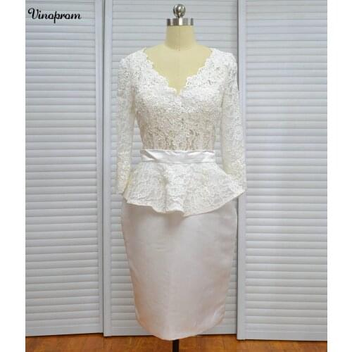 Robe De Mariage New White Ivory Short Wedding Dress Brides Long Sleeves Lace Women Bridal Wedding Gown Vestido De Noiva