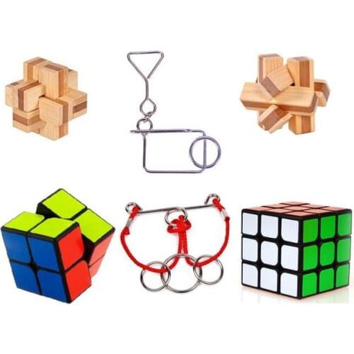 6PCS per Set Magic Cube Bamboo Burr Puzzle Metal Wire Puzzles Mixed Game Toys Gift for Adults Children