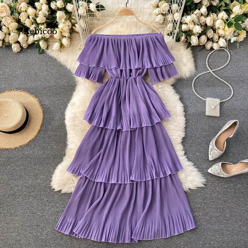 Korean Style Elegant Sexy Slim Fairy Dress Women Fashion Slash Neck Short Sleeve Cake Vestidos Girls Knee-Length Robes