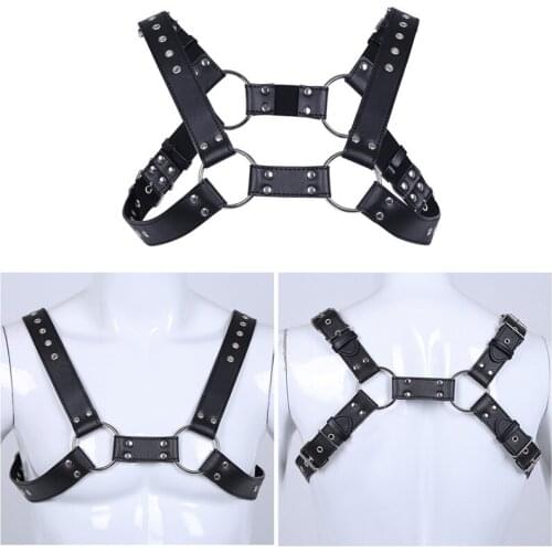 IEFiEL Adults Men Lingerie Faux Leather Adjustable Body Chest Harness Bondage Costume with Buckles Nightclub Cosplay Clothes