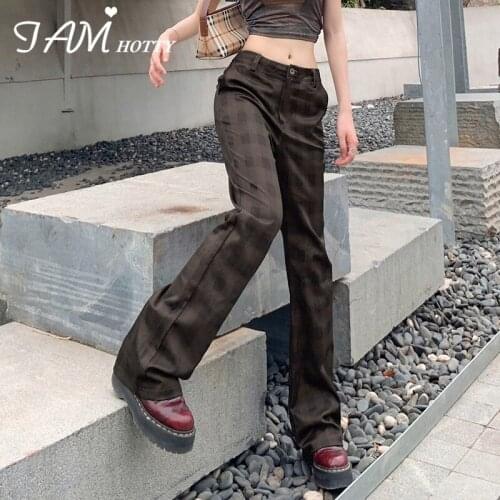 Brown Plaid Pants Capris Women y2k Baggy Straight Cargo Pants High Waist Street Style Casual Sweatpants Retro Trousers Iamhotty