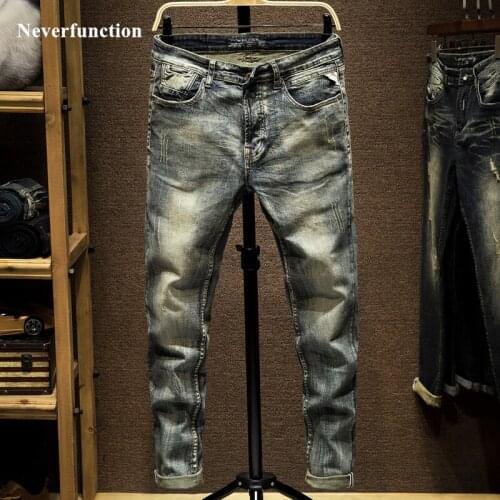 2019 Men Hip hop Simple vintage Casual skinny Jeans Trousers Fashion streetwear Retro blue motorcycle Casual Denim pants