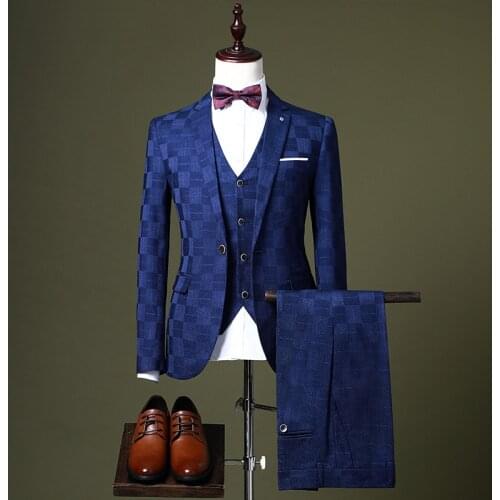 2021 Mens Autumn New Fashion and Handsome Plaid Jacquard Suit Youth Business Professional Work Suit Three Pieces