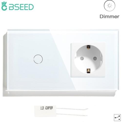 BSEED Led Touch Dimmer Switch 1Gang2Way Wall Dimmers With EU Power Socket Outlet 16A EU Standard Crystal Galss