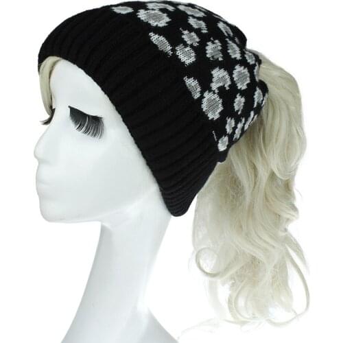 2020 New Fashion leopard women winter hats outdoor warm wool knitted hat soft elastic ladies ponytail beanie caps for ladies
