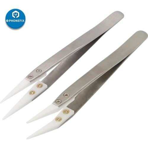 PHONEFIX Precision Non ConductiveTweezers Anti-Static Ceramic Tips Tweezers Stainless Steel Handle Heat Resistant Hand Tools
