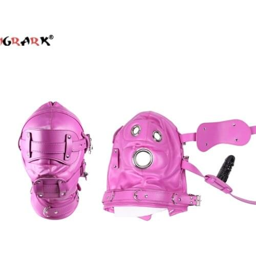 SM Leather Padded Hood Blindfold,Head Harness Mask with Gag Dildo, BDSM Bondage ,Sex Toys For Couples Accessories
