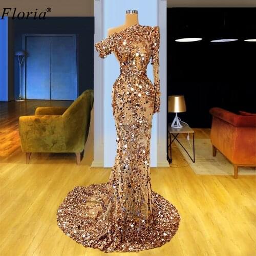 Luxury Sparkly Champagne Prom Dresses 2020 Sequins Illusion Arabic Evening Gowns One Shoulder Long Celebrity Dresses Party