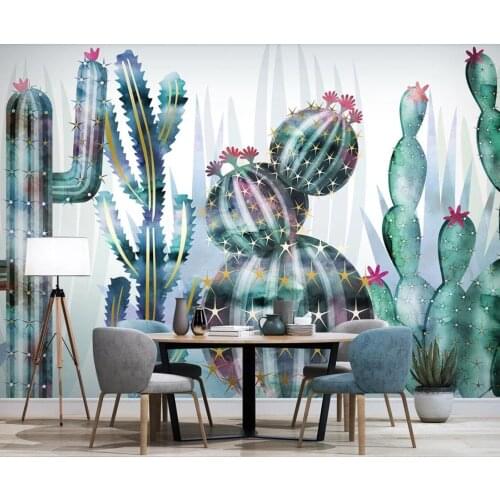 Hand Painted Cactus Flower Wallpaper 3d Wall Paper Bedroom Contact Paper Cacti Floral Wallpaper Blue PHOTO WALLPAPERS Wall Mural