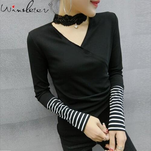 Fall Winter European Clothes Cotton T-Shirt Chic Sexy Lace V-Neck Patchwork Women Tops Long Sleeve Bottoming Shirt Tees T18424A