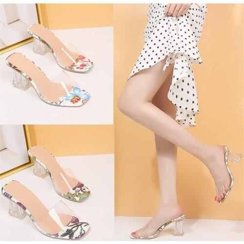 Plus Size 43 Fashion High Heels New Summer Woman PVC Transparent Square Mules Shoes Female Open Toe Fruits Printing Slippers