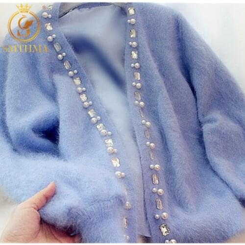 SMTHMA Women Cardigans Sweater Beaded Rhinestone Pearl Female Mohair Knitted Cardigans Blue Autumn Cardigans Sweater For Women