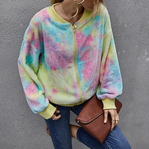 Colorful Rainbow Tie Dye Long Sleeve Zipper Front Coat Crop Top Autumn Winter Women Streetwear Gradient Fleece Plush Coat Jacket