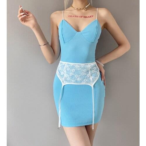 Womens Sexy Suspender Short Dress With Girdle Fashion Solid Color V-Neck High Waist Tight Blue Dress Chic And Comfortable S M L