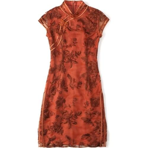 Classic Chinese Cheongsam Style Summer Apricot Coffee Color Womens Dress Temperament Stand Collar Ladies Short Sleeve OL Skirt