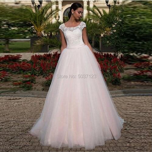 Vestido De Noiva Simple Pink Cap Sleeves A Line Wedding Dresses Sleeveless Lace Appliques Lace Up Tulle Bridal Gown with Sash
