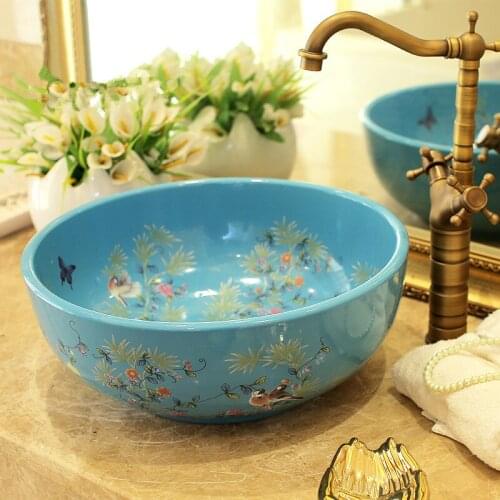 Europe Vintage Style Ceramic Washing Basin Counter top Bathroom Sink color glazed round ceramic art basin flower and bird