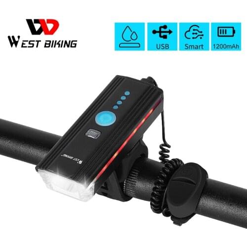 WEST BIKING Bike Front Light LED Flashlight with Horn USB Charging Induction Cycling Headlight Waterproof Torch Bicycle Light