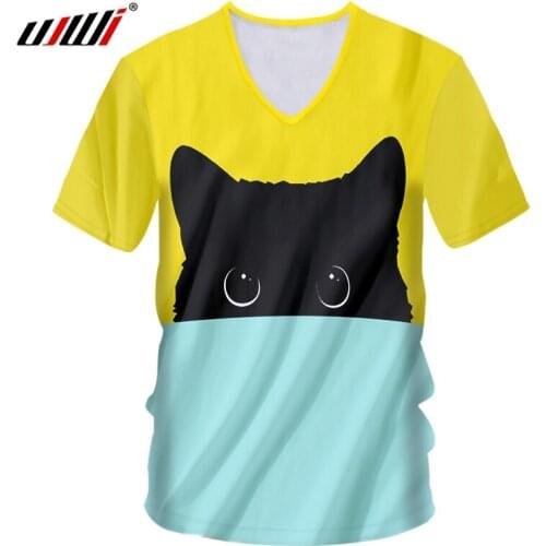 UJWI V Neck Tshirt For Women/Mens Cool Print Yellow blue cute Cat 3D T-shirt Unisex Hiphop Streetwear Punk Style Fitness TShirt