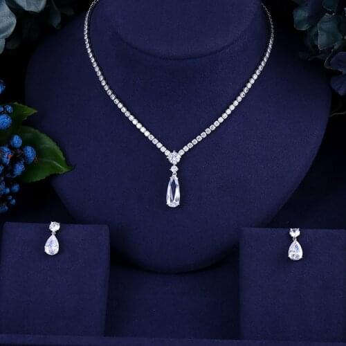 Janekelly Newest Clear CZ Jewelry Sets Brilliant Cubic Zircon Wedding Party Earrings Necklace Jewelry Sets For Heavy Dinner