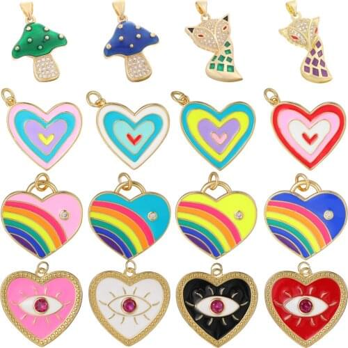 Juya Handmade Colorful Enamel Mushroom Rainbow Love Heart Evil Eye Charms For DIY Designer Pendant Jewelry Making Supplies