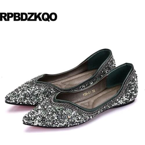 China Crystal Satin Women Large Size Pointed Toe Rhinestone Flats Green Walking Silk Cheap Shoes Beautiful Spring Autumn