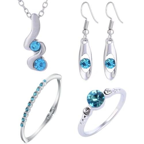 Fine jewelry 925 sterling silver for ladies wedding four-piece blue crystal suit necklace earrings bracelet ring set yw029