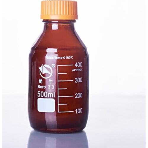 Brown reagent bottle,With yellow screw cover,Borosilicate glass 3.3,Capacity 500ml,Graduation Sample Vials Plastic Lid