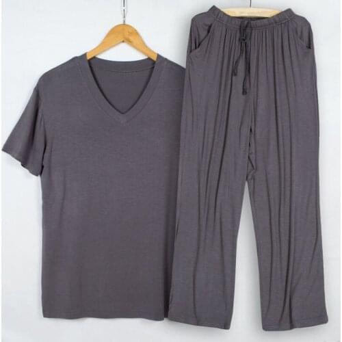 Summer pajamas men modal thin pijama hombre V-neck short-sleeved tshirt trousers sleep two piece set loungewear plus size