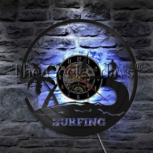 Summer Beach Surfing Water Sport Vinyl Record Wall Clock Palms Surf Board Modern Wall Lamp For Surfing Hobby Gift