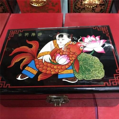 NEW Chinese handmade classic wooden lacquer & Year after year have fish 2 layers Jewelry box