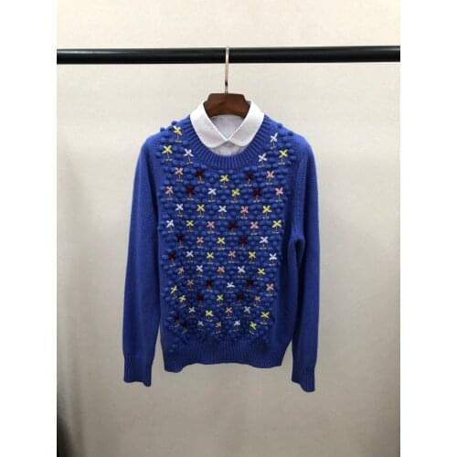 New ladies fashion 2021 long-sleeved sexy casual full handmade hook ball hand-embroidered cashmere sweater 1021