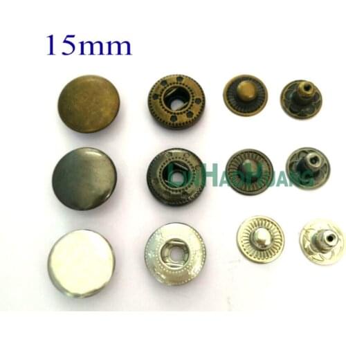 Wholesale 100sets/lot 15mm four part brass metal button spring snap button snap fasteners silver, bronze, black nickle