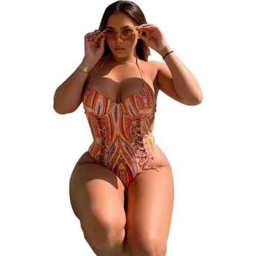 Sexy Print Halter Neck Backless Swimwear One Piece Back Tie Up Skinny Swimsuits Cutout Bathing Suits with Crisscross Tie Straps