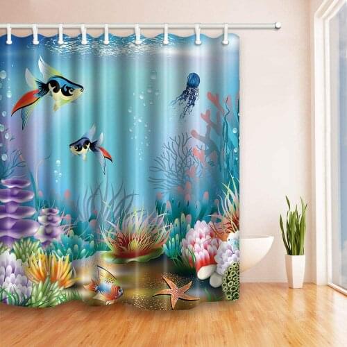 Shower Curtain Fish and Seaweed in the Ocean Creative Mold Durable Fabric Bathroom Accessories with 12 Hooks 180X180CM