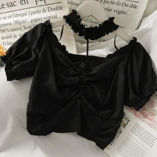 Women French Blouse Sweet Puff Sleeve Halter Tops Summer Boho Elastic Ruched Short Blouses 2021 Clothing