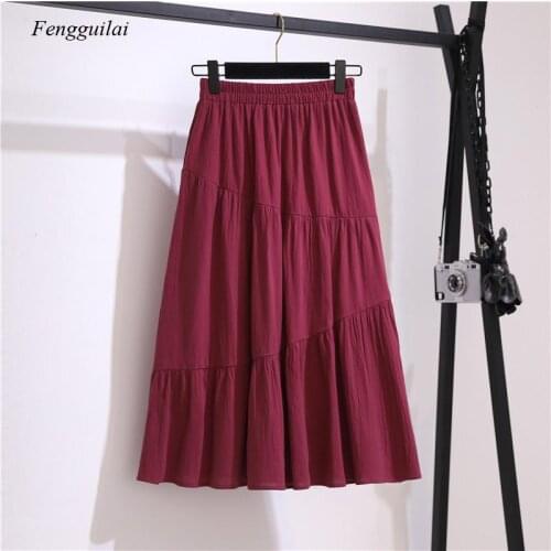 Summer Womens Linen Ruffle Skirt Casual Korean Version of Solid Color A-Line School Skirt Fashion High Waist Retro Skirt Girl
