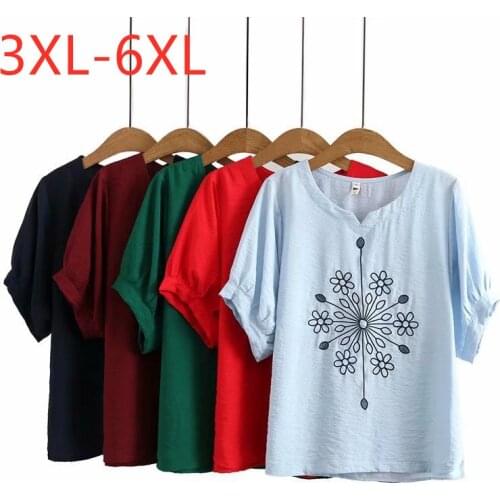 New 2021 Ladies Summer Plus Size Tops For Women Large Short Sleeve Loose Cotton Blue Floral Embroidery T-shirt 3XL 4XL 5XL 6XL