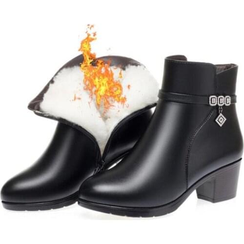 2020 Autumn Winter New Comfortable Warm Wool Boots High Heel Women Boots Fashion Rhinestone Genuine Leather Boots Large Size 43